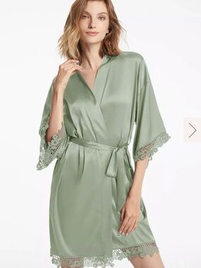 AW BRIDAL Sage Green Satin Robe, Women's XL Lace Trim For Bridesmaids & Bridal